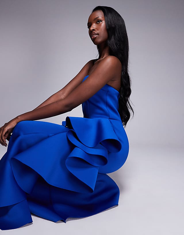 Asos Goddiva Boobtube Peplum Waterfall Frill Maxi Dress In Royalblue