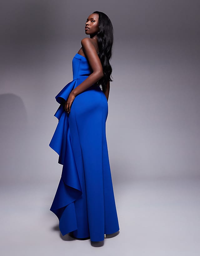 Asos Goddiva Boobtube Peplum Waterfall Frill Maxi Dress In Royalblue