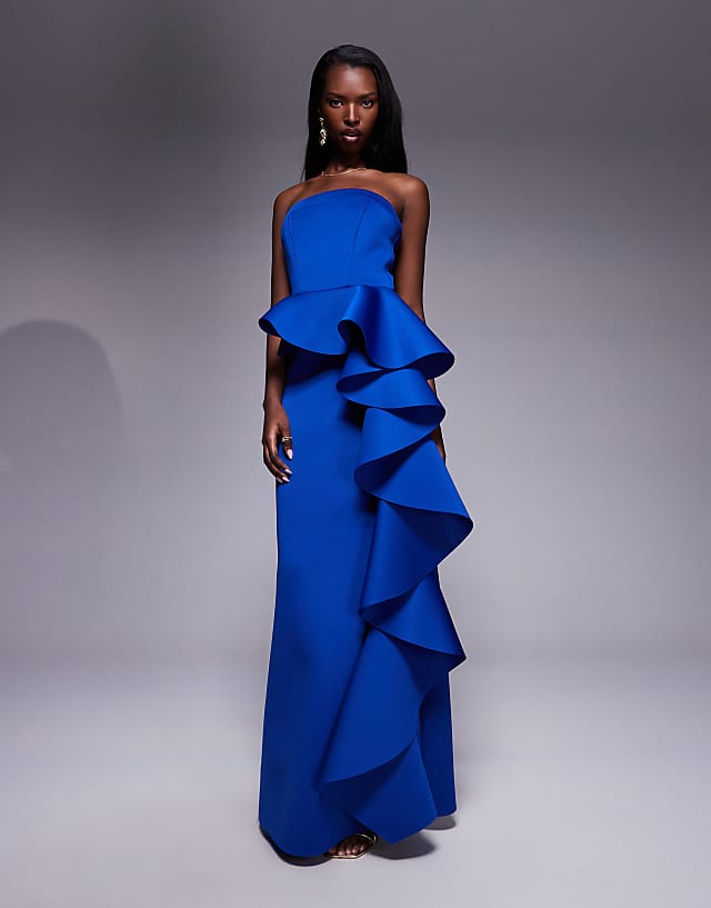 asos Goddiva Boobtube peplum waterfall frill maxi dress in royalblue
