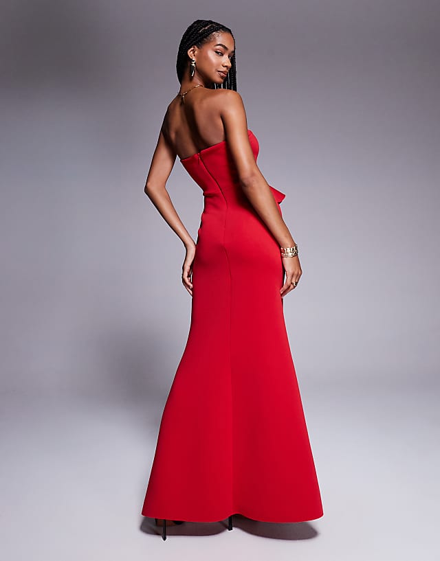 Asos Goddiva Boobtube Peplum Waterfall Frill Maxi Dress In Red