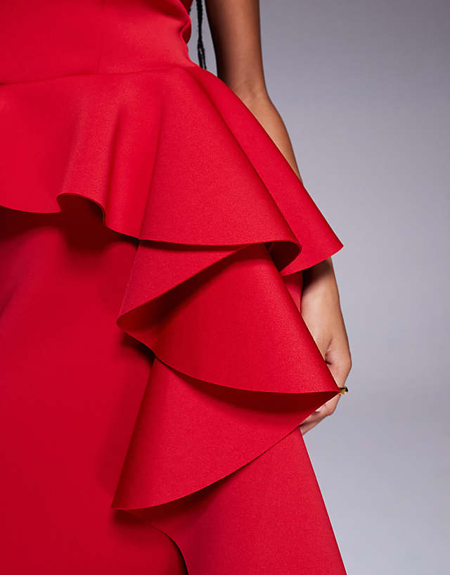 Asos Goddiva Boobtube Peplum Waterfall Frill Maxi Dress In Red