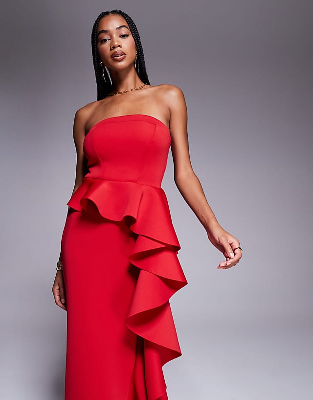 Asos Goddiva Boobtube Peplum Waterfall Frill Maxi Dress In Red