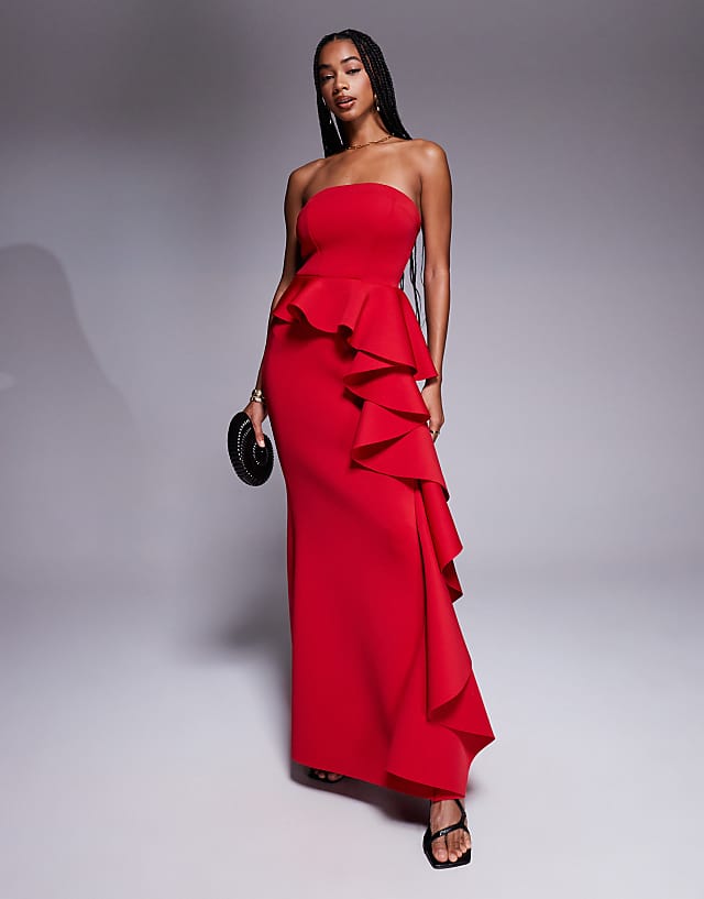 asos Goddiva Boobtube peplum waterfall frill maxi dress in red