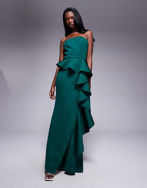 asos Goddiva Boobtube peplum waterfall frill maxi dress in emerald