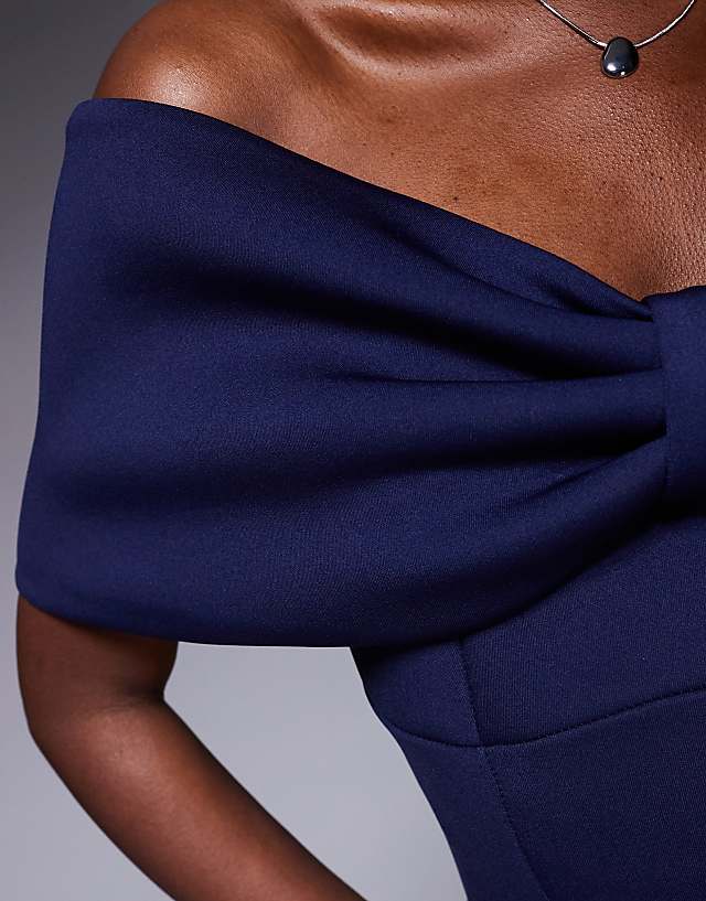 Asos Goddiva Bow Off The Shoulder A Line Midi Dress In Navyblue