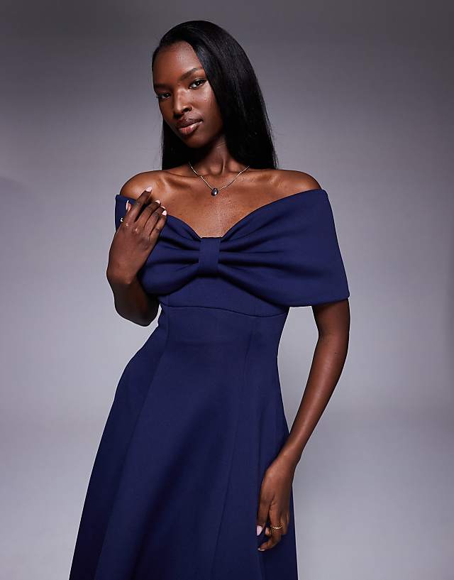 Asos Goddiva Bow Off The Shoulder A Line Midi Dress In Navyblue