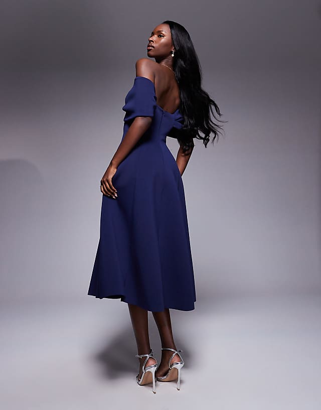Asos Goddiva Bow Off The Shoulder A Line Midi Dress In Navyblue