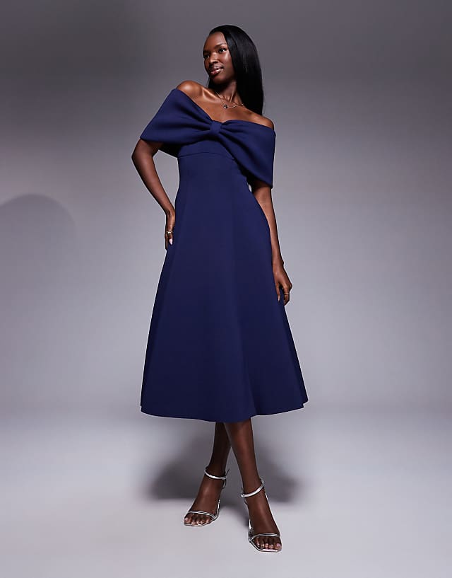 asos Goddiva Bow off the shoulder a line midi dress in navyblue