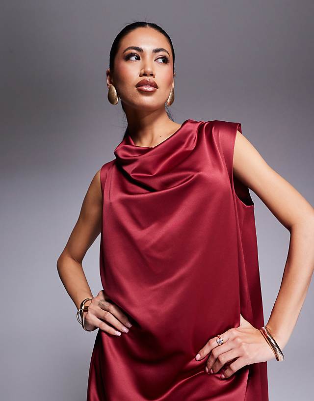 Asos Goddiva Cowl Neck Back Wing Satin High Low Midi Dress In Berry
