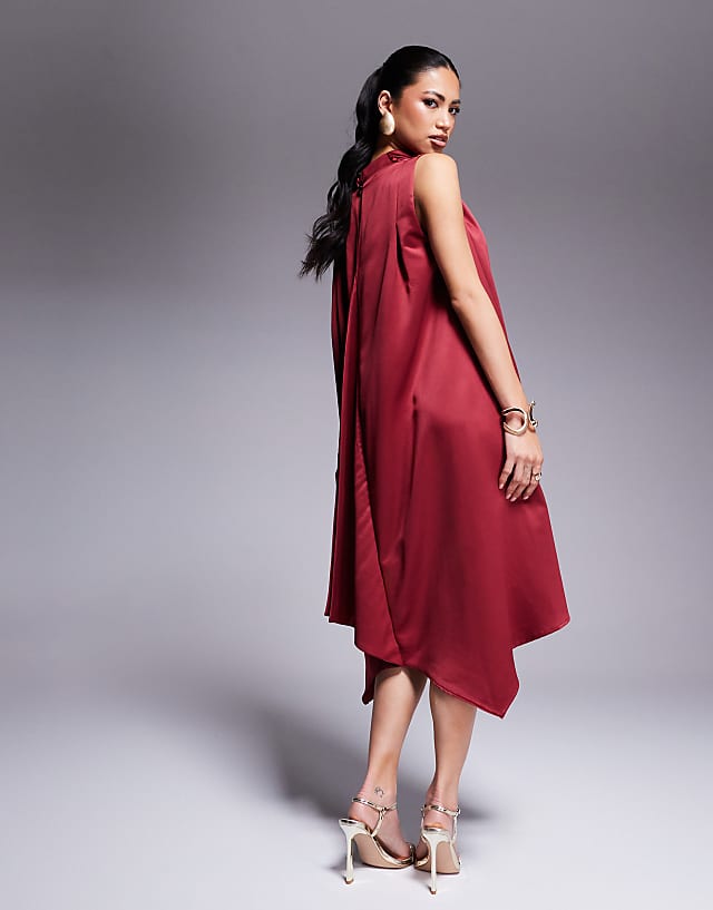 Asos Goddiva Cowl Neck Back Wing Satin High Low Midi Dress In Berry