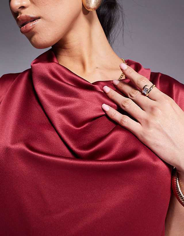 Asos Goddiva Cowl Neck Back Wing Satin High Low Midi Dress In Berry