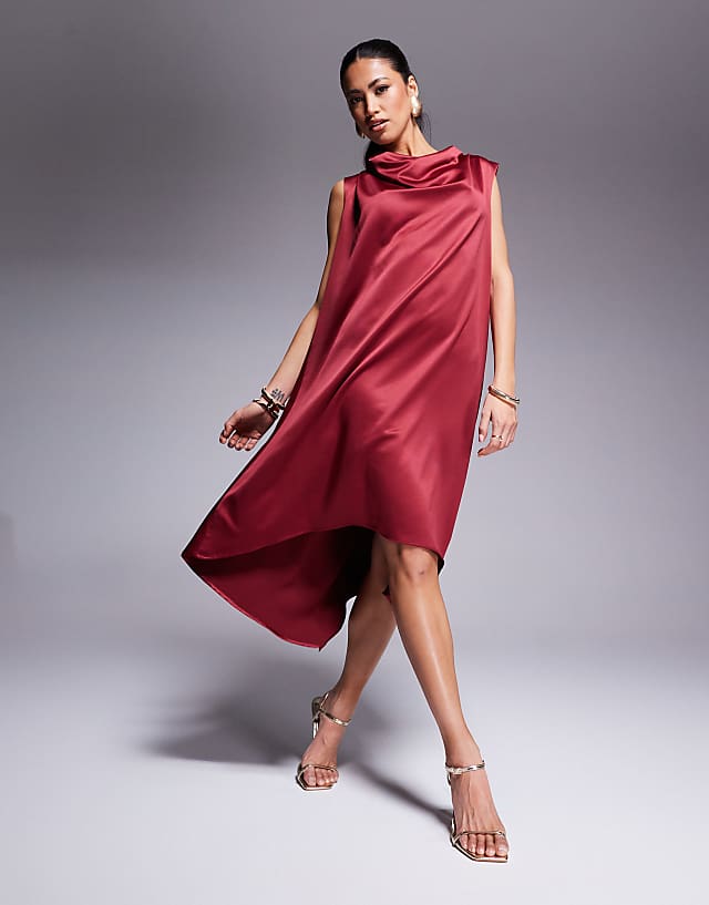asos Goddiva Cowl neck back wing satin high low midi dress in berry