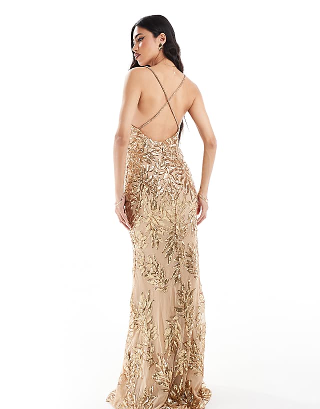 Asos Goddiva Cross Back Diamante Strap Sequin Maxi In Gold