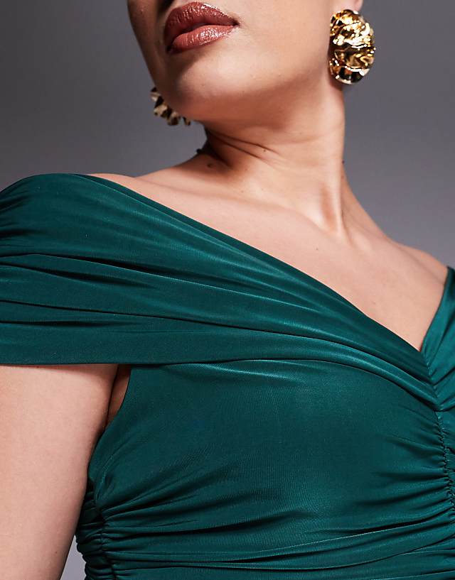 Asos Goddiva Curve Gathered Bardot Bodice Front Split Maxi Dress In Botanical Green