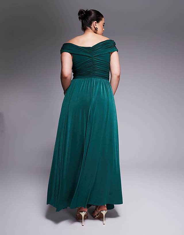 Asos Goddiva Curve Gathered Bardot Bodice Front Split Maxi Dress In Botanical Green