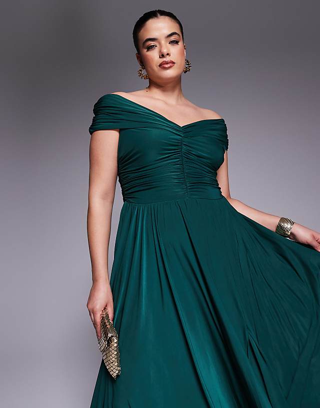 Asos Goddiva Curve Gathered Bardot Bodice Front Split Maxi Dress In Botanical Green