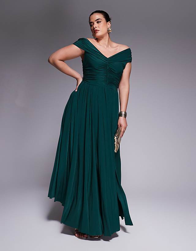 asos Goddiva Curve Gathered bardot bodice front split maxi dress in botanical green