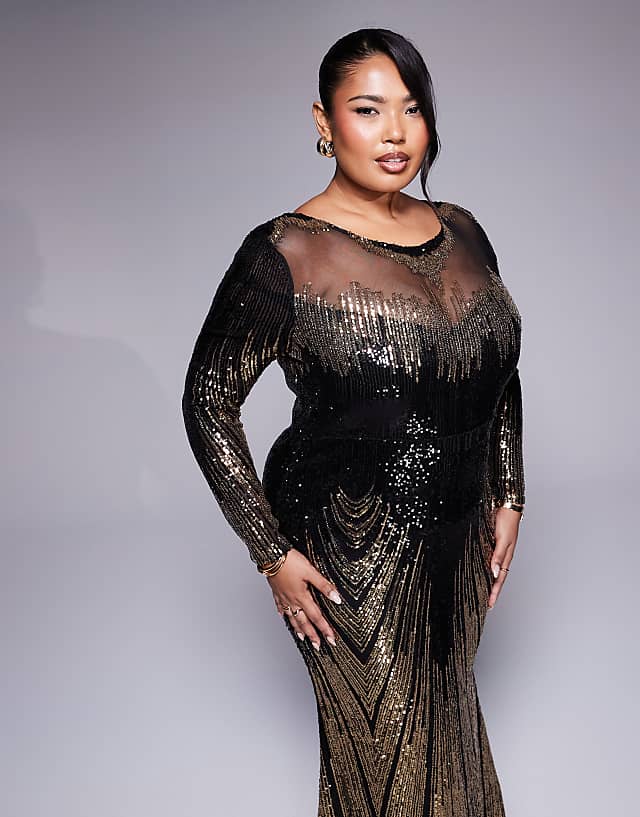 Asos Goddiva Curve Long Sleeve Aztec Sequin Maxi Dress In Gold