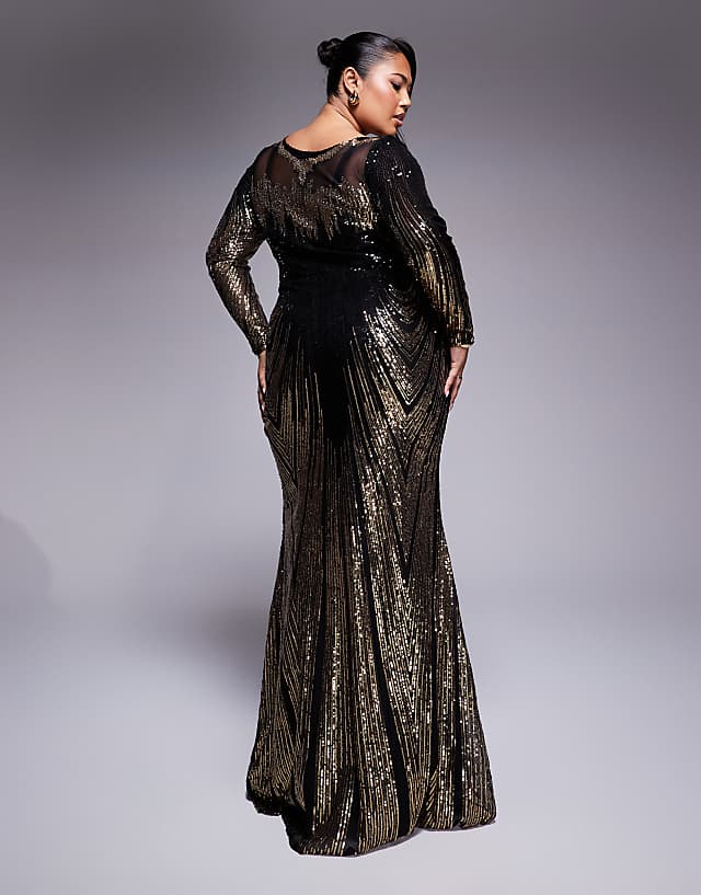 Asos Goddiva Curve Long Sleeve Aztec Sequin Maxi Dress In Gold