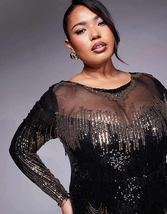 Asos Goddiva Curve Long Sleeve Aztec Sequin Maxi Dress In Gold
