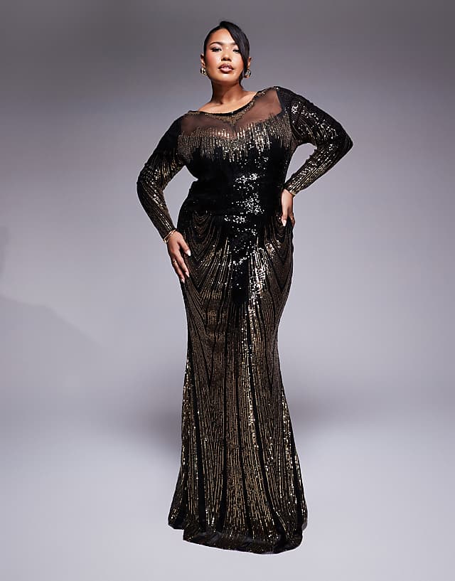 asos Goddiva Curve long sleeve aztec sequin maxi dress in gold