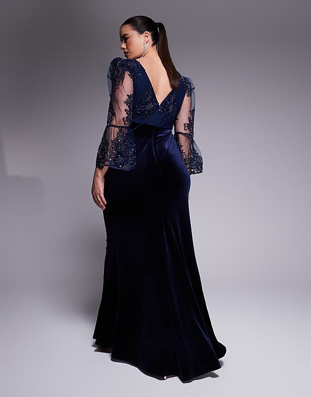 Asos Goddiva Curve Scalloped Lace & Velvet Maxi Dress In Navy