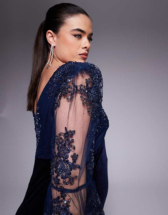Asos Goddiva Curve Scalloped Lace & Velvet Maxi Dress In Navy