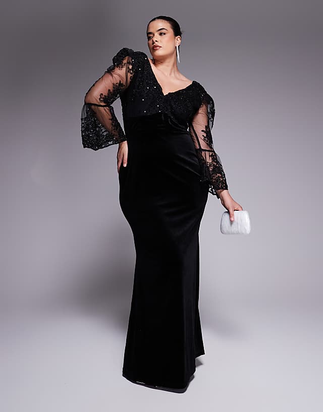 Asos Goddiva Curve Scalloped Lace & Velvet Maxi Dress In Black