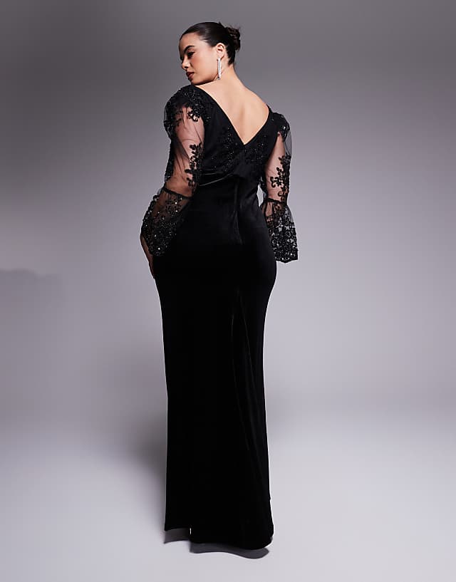 Asos Goddiva Curve Scalloped Lace & Velvet Maxi Dress In Black