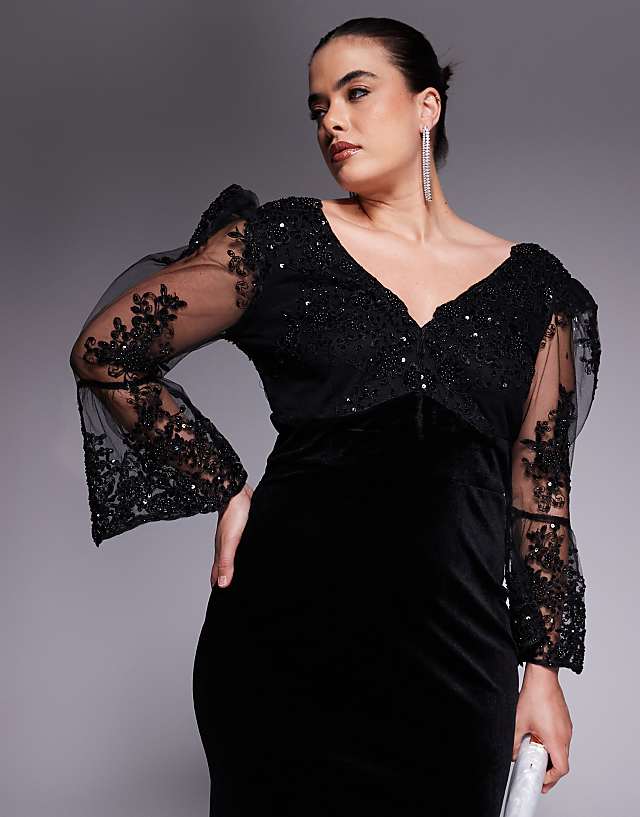 asos Goddiva Curve Scalloped lace & velvet maxi dress in black