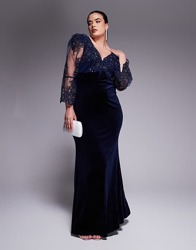 asos Goddiva Curve Scalloped lace & velvet maxi dress in navy