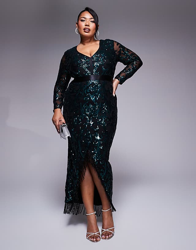 Asos Goddiva Curve Tassel & Sequin Maxi With Front Split In Emerald