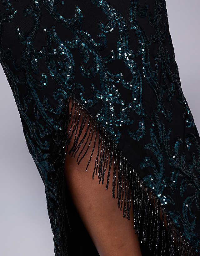 Asos Goddiva Curve Tassel & Sequin Maxi With Front Split In Emerald