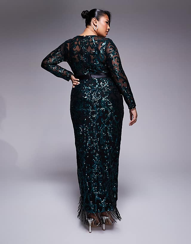 Asos Goddiva Curve Tassel & Sequin Maxi With Front Split In Emerald