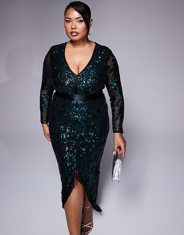 asos Goddiva Curve tassel & sequin maxi with front split in emerald