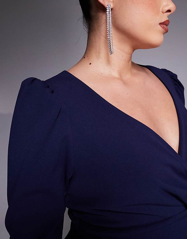 Asos Goddiva Curve Three Quarter Faux Wrap Neck Maxi Dress In Navy Blue