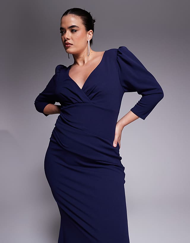 Asos Goddiva Curve Three Quarter Faux Wrap Neck Maxi Dress In Navy Blue