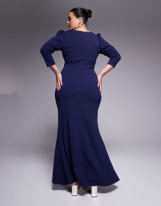 Asos Goddiva Curve Three Quarter Faux Wrap Neck Maxi Dress In Navy Blue
