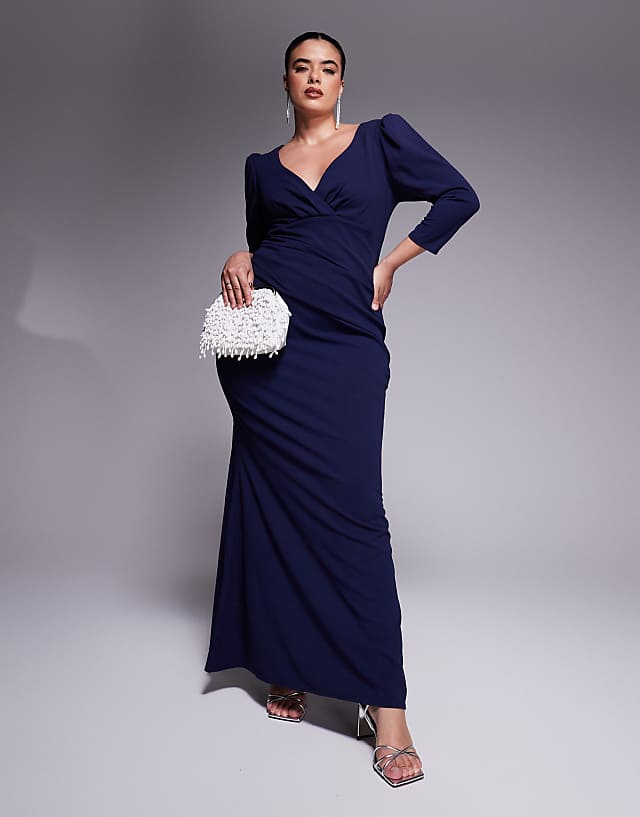 asos Goddiva Curve Three quarter faux wrap neck maxi dress in navy blue