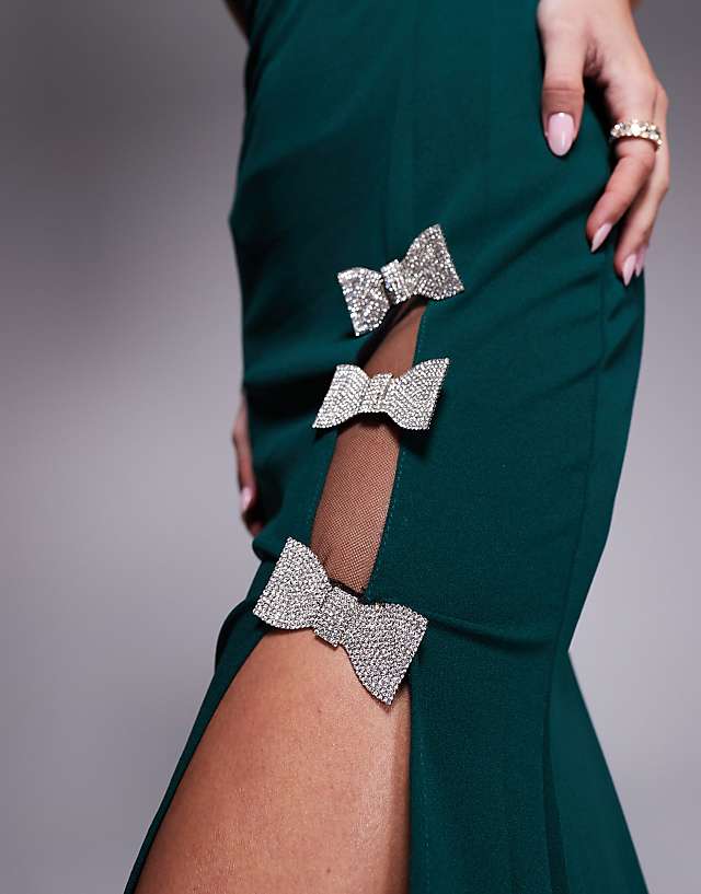 Asos Goddiva Diamante Brooch Thigh Split Mermaid Maxi Dress In Emerald