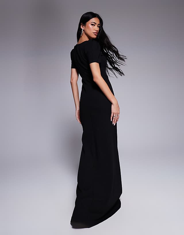 Asos Goddiva Diamante Embellished Heart Brooch Scuba Maxi Dress In Black