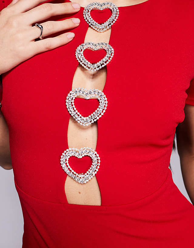 Asos Goddiva Diamante Embellished Heart Brooch Scuba Maxi Dress In Red