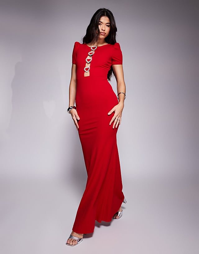 asos Goddiva Diamante embellished heart brooch scuba maxi dress in red
