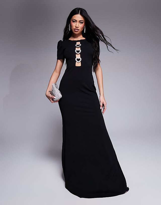 asos Goddiva Diamante embellished heart brooch scuba maxi dress in black