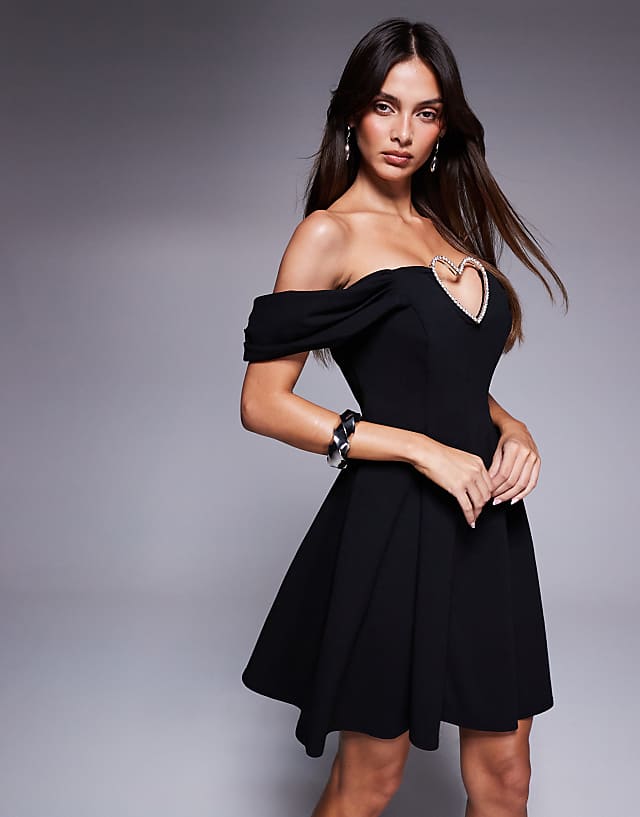 Asos Goddiva Diamante Heart Trim A Line Mini Dress In Black