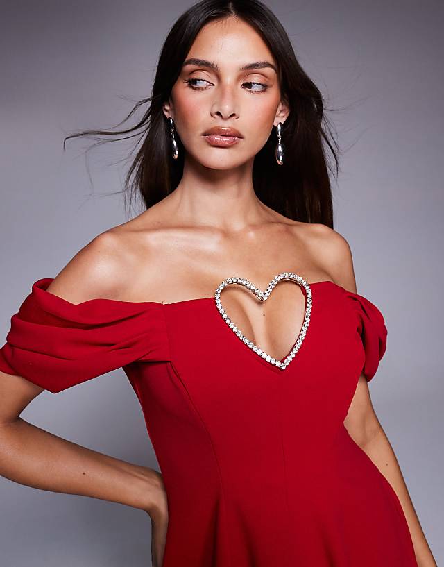 Asos Goddiva Diamante Heart Trim A Line Mini Dress In Red