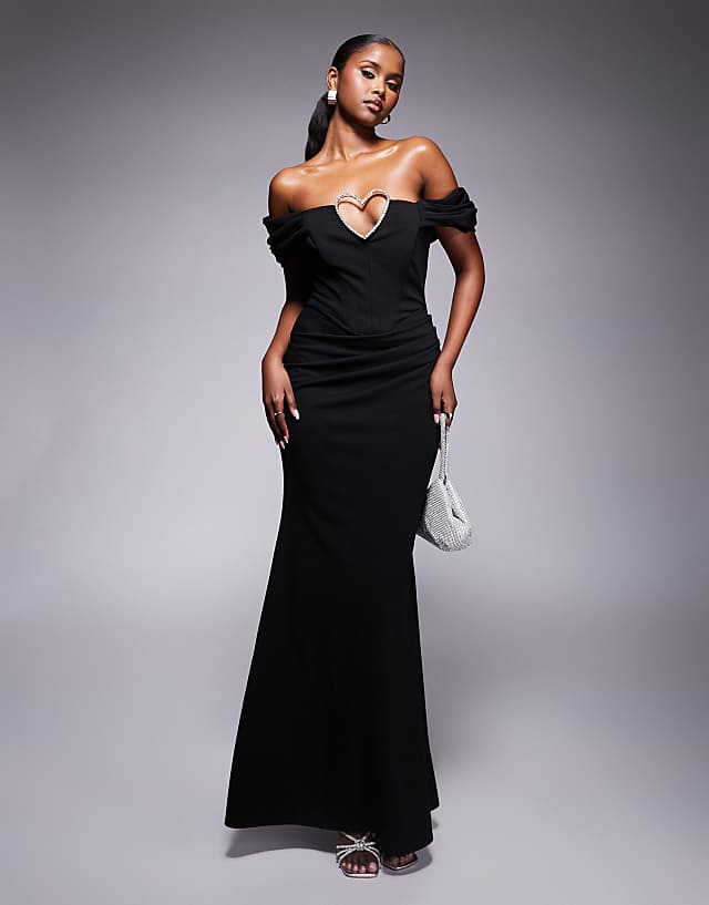 Asos Goddiva Diamante Heart Trim Evening Maxi Dress In Black