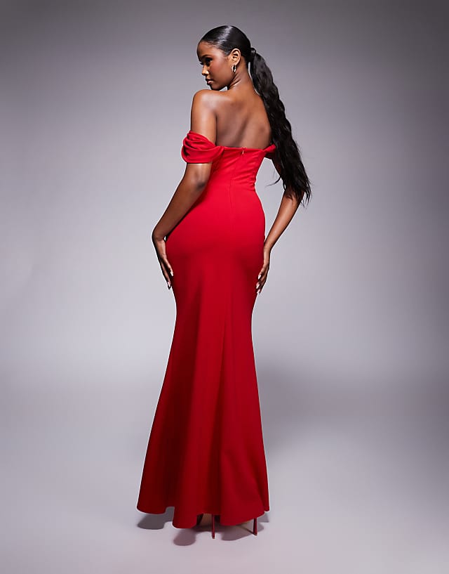 Asos Goddiva Diamante Heart Trim Evening Maxi Dress In Red