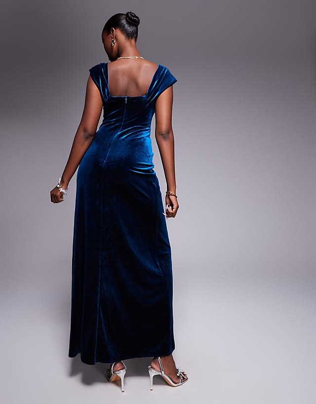Asos Goddiva Draped Shoulder Velvet Corset Maxi Dress In Tealblue