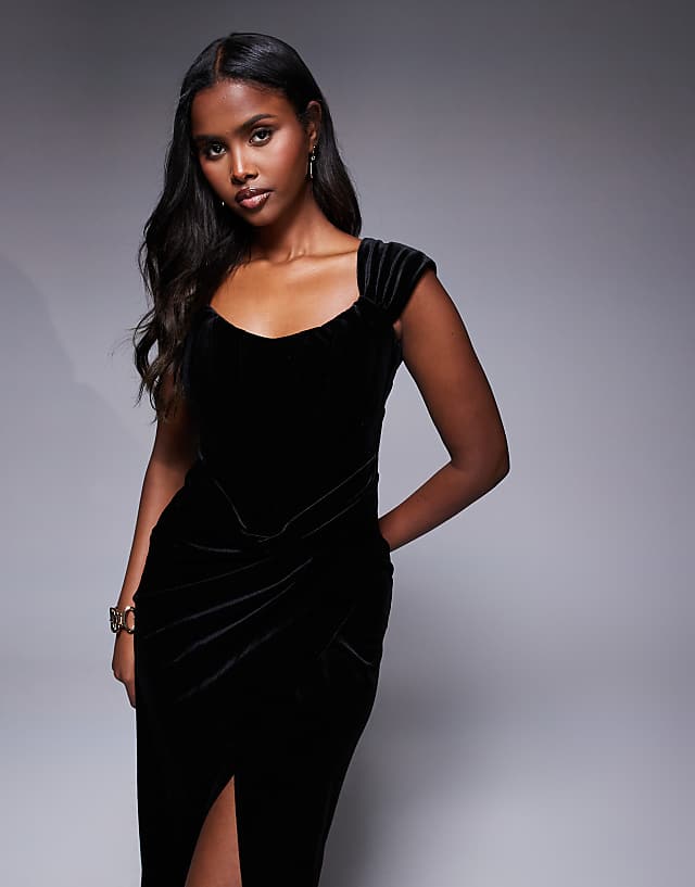 Asos Goddiva Draped Shoulder Velvet Corset Maxi Dress In Black